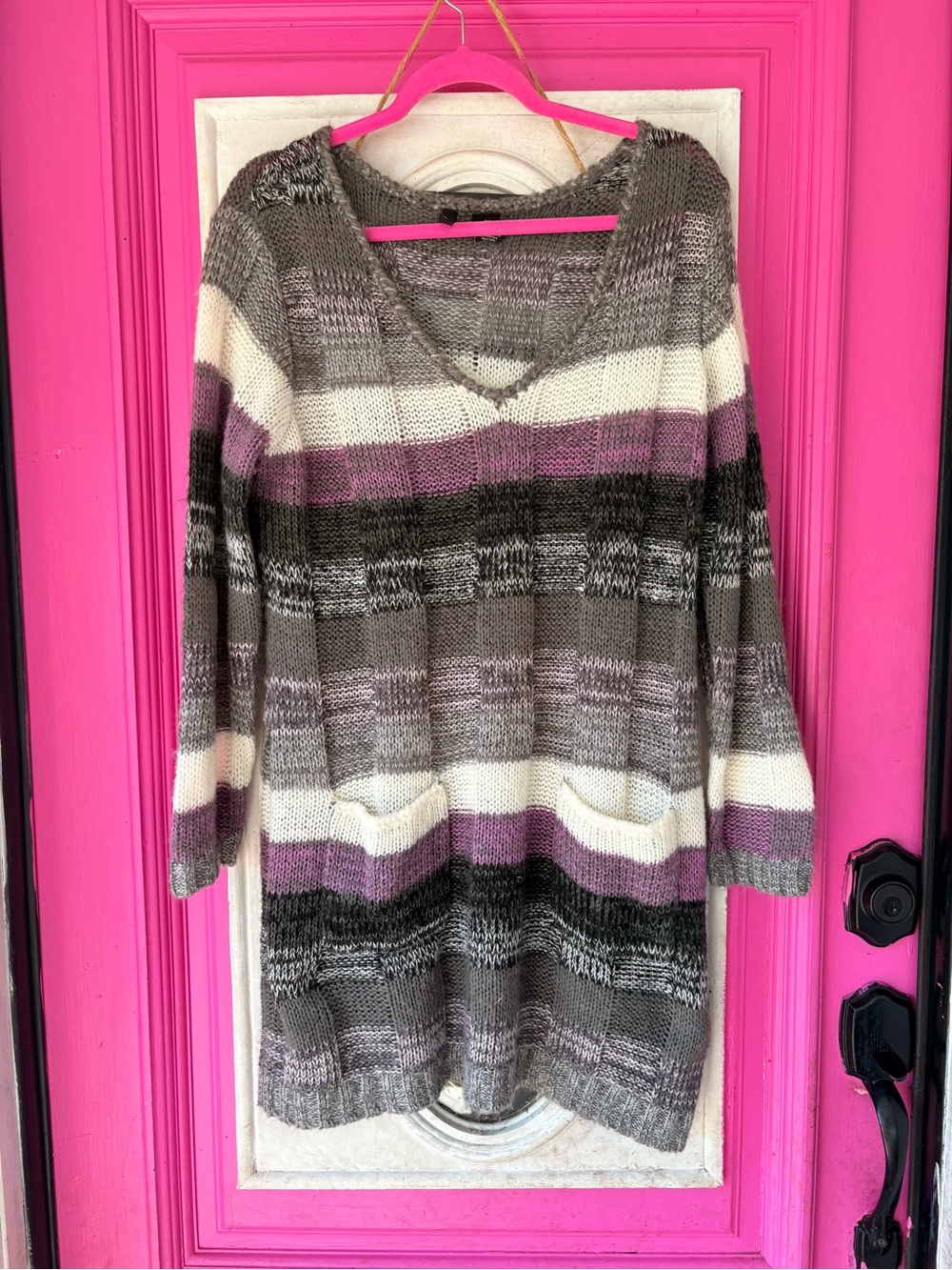 Ultra Flirt Striped V-Neck Sweater in Taupe, Cream & Mauve